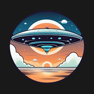 UFO flying saucer vintage over sea sunset T-Shirt