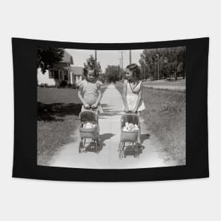 Girls Pushing Baby Buggies, 1941. Vintage Photo Tapestry