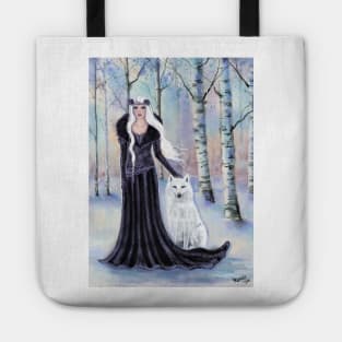 Winter goddess with white wolf by Renee Lavoie Tote