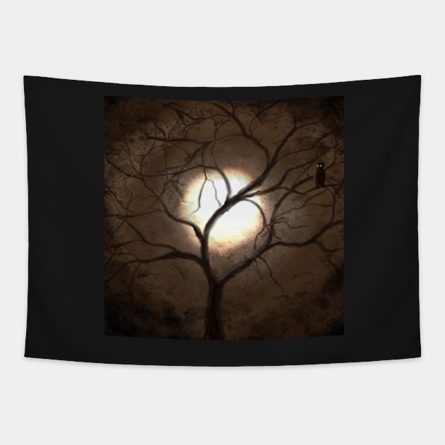 Night owl on tree branch on a spooky night with luminous moon Tapestry by gldomenech