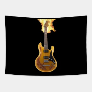 A Futuristic Yellow Guitar With Flames Developing Around The Neck Tapestry
