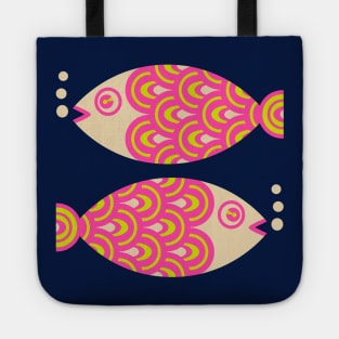 TWO FUN SWIMMING GEOMETRIC FISH in Bright Hot Pink, Chartreuse Green and Sand - UnBlink Studio by Jackie Tahara Tote