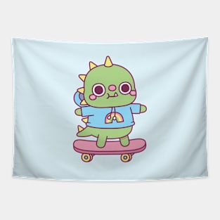 Cute Dino With Hoodie On Skateboard Tapestry