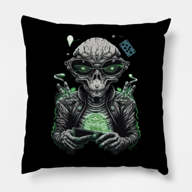 Funny Alien Digital Artwork - Birthday Gift Ideas For Poker Player Pillow by Pezzolano