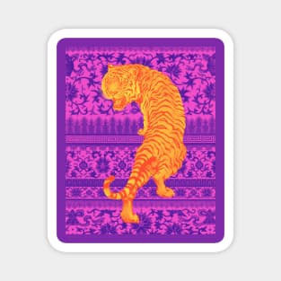 Hong Kong Neon Orange Tiger with Purple and Pink Floral Pattern - Animal Lover Magnet