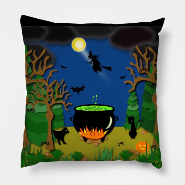 Scary, spooky, creepy, halloween with cauldron, spiders, bats, cats and a black witch on a broom stick Pillow by designInk