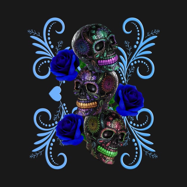 Triple Black Day Of The Dead Skulls Blue Roses by Atteestude