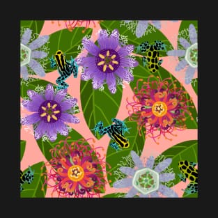 Pretty Poisons: Passionflowers and Poison Dart Frogs on Coral T-Shirt