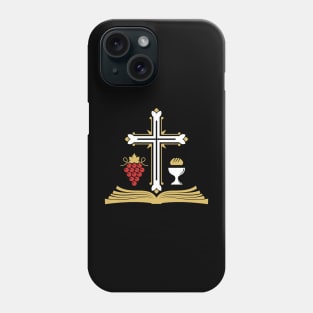 Cross, open bible, holy grail and vine. Phone Case