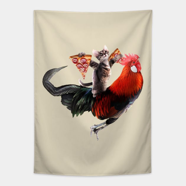 Cat with 2 Pizza Slices Riding Rooster Tapestry by Random Galaxy