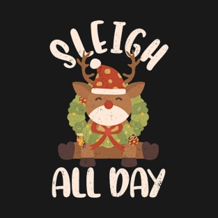 Sleigh All Day Santa Reindeer Christmas Retro T-Shirt