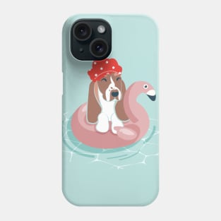 Summer pool pawty // aqua background basset hound dog breed in vacation playing on swimming pool float Phone Case