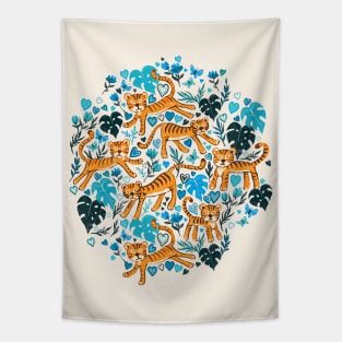 Happy Valentine Tigers with Blue Leaves and Hearts Tapestry