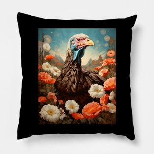 Retro Rustic Farm Turkey in the Flowers - Vintage Bird Art Pillow