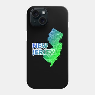 Colorful mandala art map of New Jersey with text in blue and green Phone Case