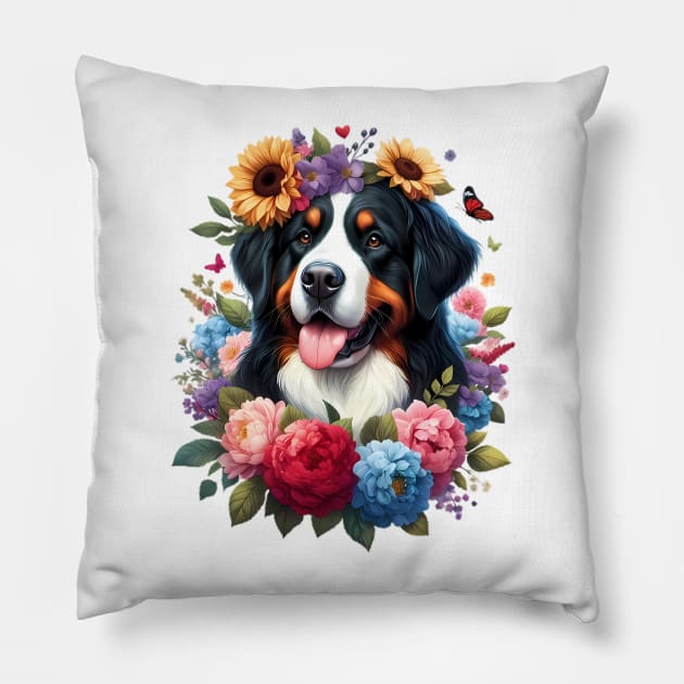 A Bernese Mountain Dog with beautiful colorful flowers Pillow by CreativeSparkzz