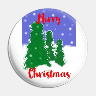 Merry Christmas Evergreen Trees with Snow and Snowflakes Pin