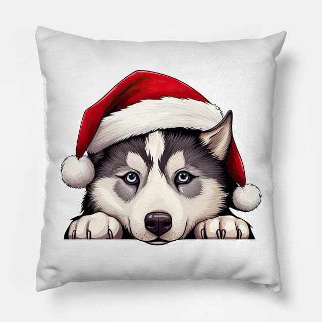 Christmas Peeking Siberian Husky Dog Pillow by Chromatic Fusion Studio