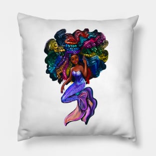 African American mermaid with flowing rainbow braids 2, brown eyes curly Afro hair and caramel brown skin Pillow