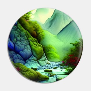 Digital painting of Mountains and River with blue Theme Pin