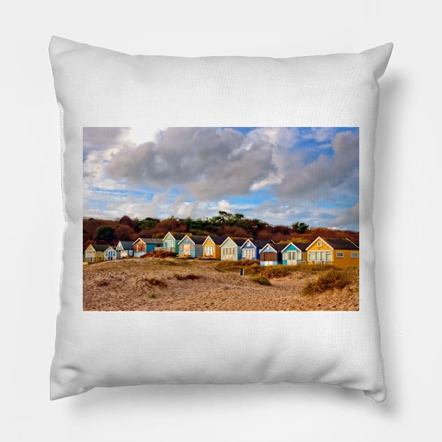 Beach Huts Hengistbury Head Dorset England UK Pillow by AndyEvansPhotos