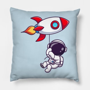 Cute Astronaut Floating With Rocket Balloon Pillow