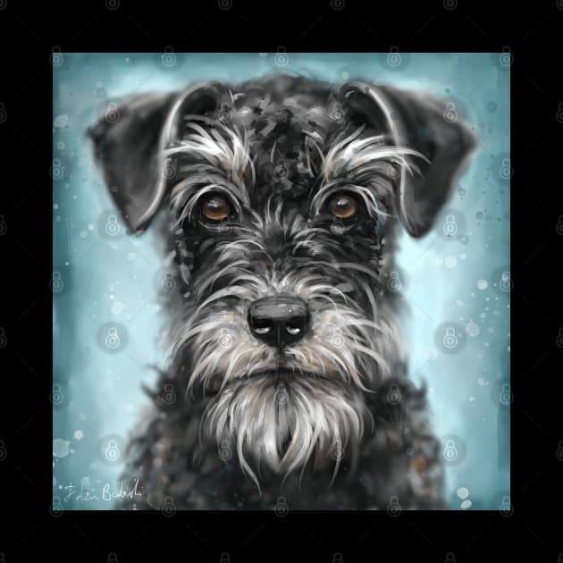 Painting of a Black and White Schnauzer on Blue Background by ibadishi