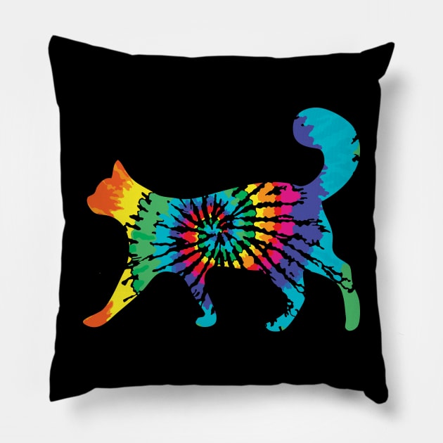 Tie Dye Cat Colorful Rainbow Peace Hippy Pillow by aneisha