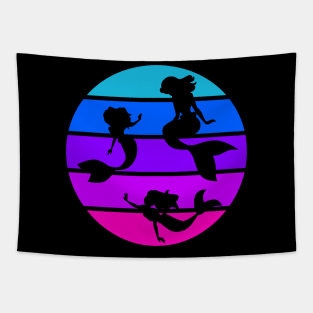 Mermaids Swimming in a Pink, Purple, and Blue Ocean Tapestry