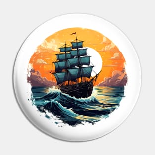 A vintage looking ship sails across the giant waves in a sunset enviornment 2 Pin