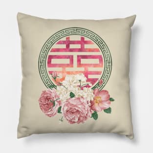 Double Happiness Symbol with  Peony flowers Pillow