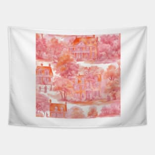 French country mansion watercolor sketch in pink and orange Tapestry