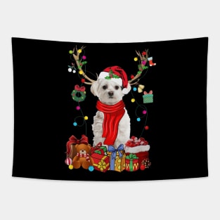 White Maltese Reindeer Santa Christmas Color Lights Tapestry