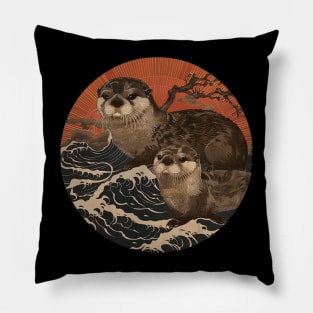 Otter with Baby Ukiyo Japanese Style Pillow