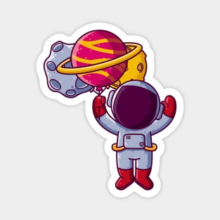 Cute Astronaut Flying with Planet Balloons Cartoon Magnet