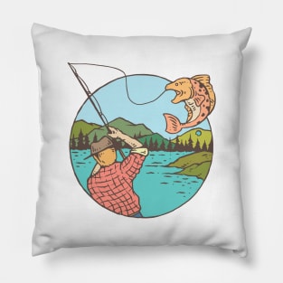 Fisherman Cartoon Catch Big Fish Tshirt Pillow