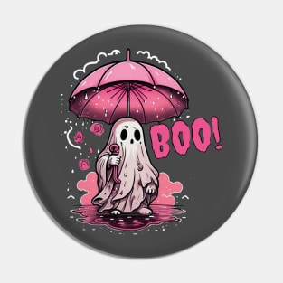 Funny Hand Drawing of a Halloween Ghost Holding a Pink Umbrella Pin