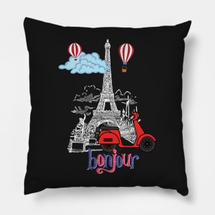 Addicted to Paris (Bonjour_Black Background) Pillow