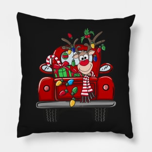 Santa and Rudolph Lighted Red Truck Christmas Yard Art 2 Pillow