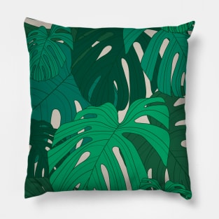 Green Monstera/Tropical moody/beige background/green leaves/monstera/large scale/summer time/cotton/exotic leaves Pillow