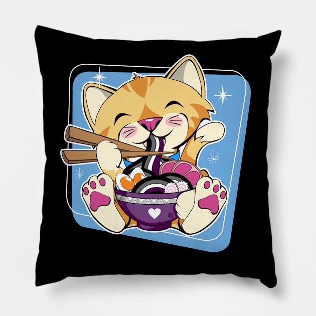 Cat Eating Ramen Asexual Flag Pillow by CuddleswithCatsArt