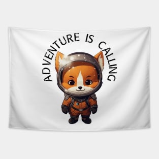 Red Fox Astronaut - Adventure Is Calling (Black Lettering) Tapestry