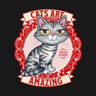 Fun Gray Tabby Kitty Cat on Red Wreath Cats are Amazing T-Shirt