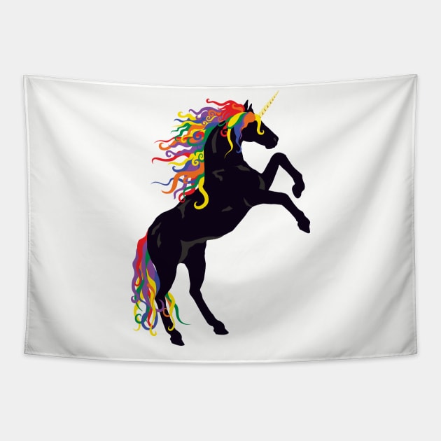 Rainbow Maned Black Unicorn Tapestry by PeregrinusCreative