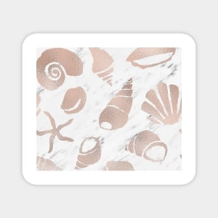 Rose gold South Pacific sea shells - white marble Magnet