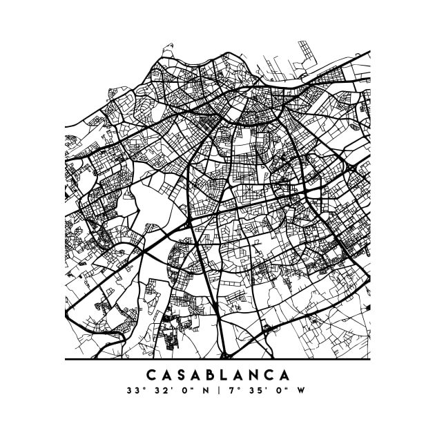 CASABLANCA MOROCCO BLACK CITY STREET MAP ART by deificusArt