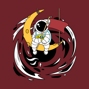 Astronaut Above a Blackhole on a Moon Waving a Flag T-Shirt