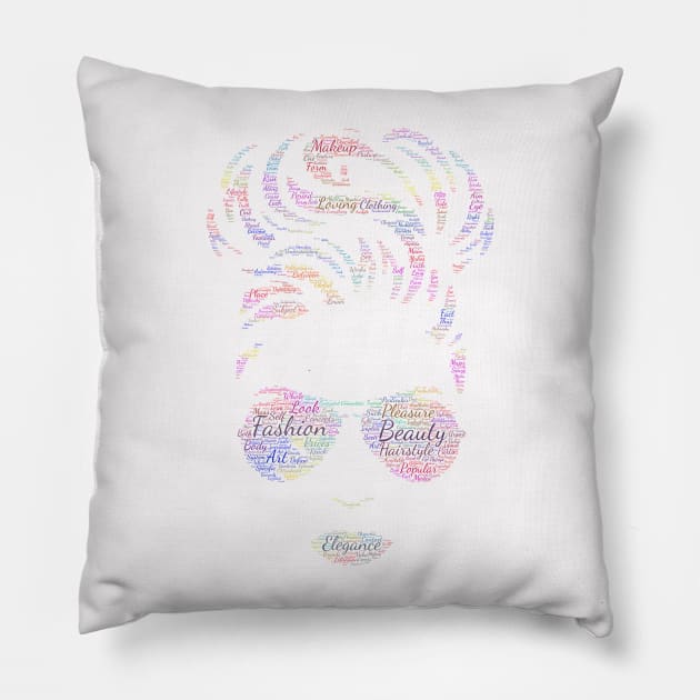 Portrait Girl Fashion Silhouette Shape Text Word Cloud Pillow by Cubebox