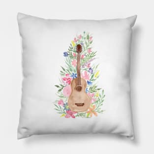 Watercolor Acoustic Guitar with Flowers Pillow