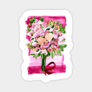 Pink flowers bouquet with red ribbon on pink background Magnet